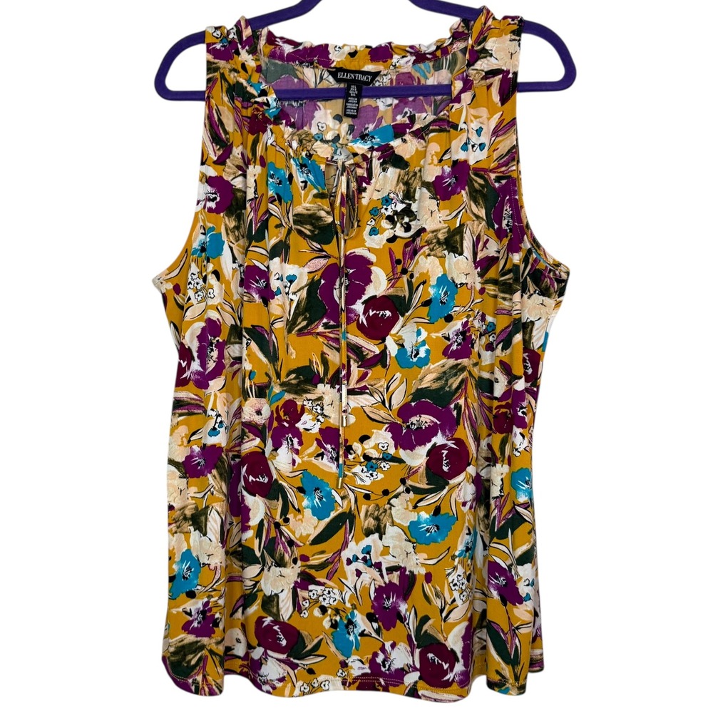 Ellen Tracy Floral Print Sleeveless Blouse  Gold Purple‎ Teal Womens Large